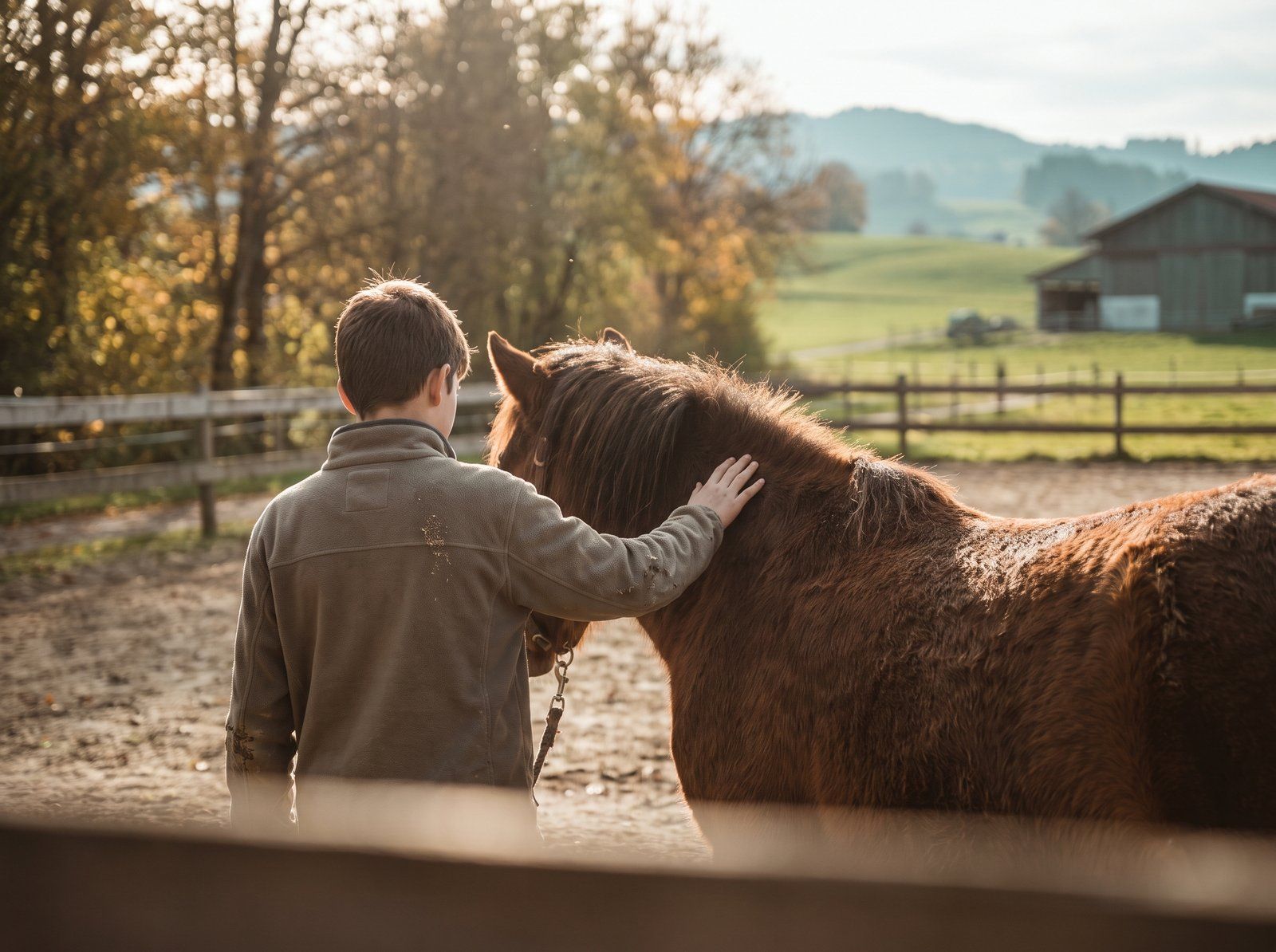 Kind streichelt ein Therapiepferd in ruhiger Abendstimmung